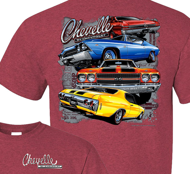 1968 - 1972 Chevelle T-shirt, Chevelle By Chevrolet Logo with Four Chevelle Collage, Angle 2