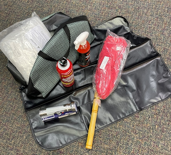 Black and Aqua Houndstooth Car Show Supply Filled Tote Bag with Fire Extinguisher, Duster, Car Cover and More!