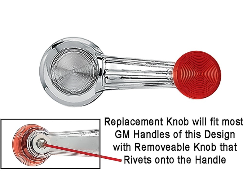the new Chevelle and Nova Replacement RED Window Crank Knobs, Pair, Angle 2