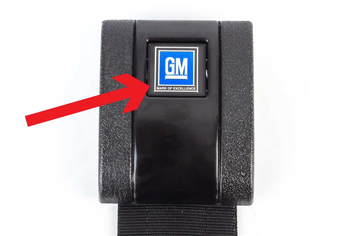 Seat Belt Buckle Push Button Insert Decal, GM Mark of Excellence, Each, Angle 3