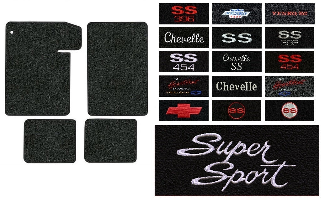 a 1964 - 1967 Chevelle Custom Embroidered Carpeted Floor Mats Set with Choice of Logos and Colors, 4 Piece