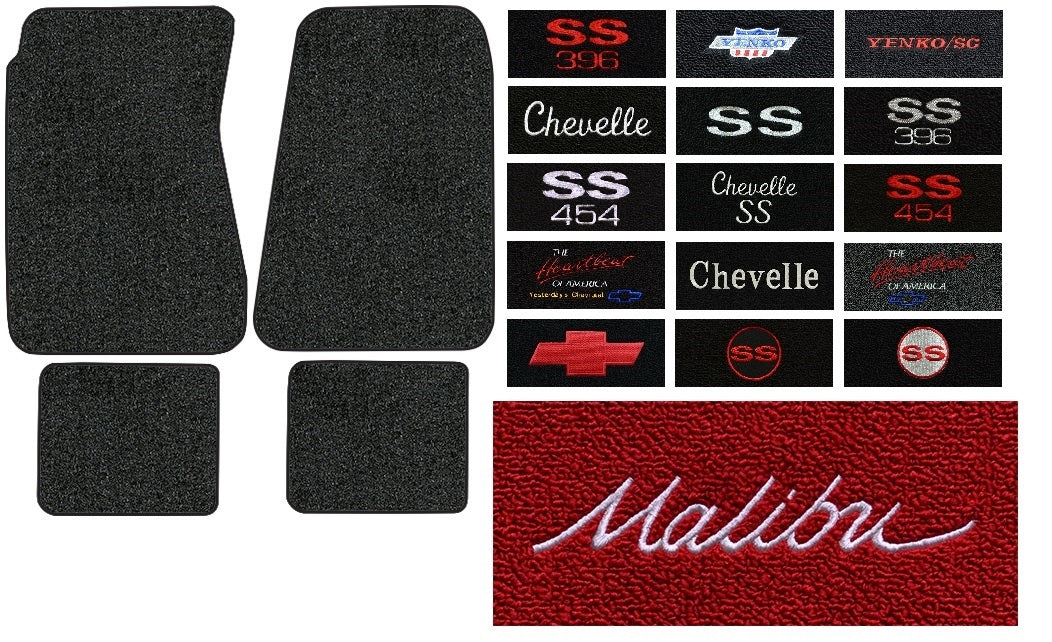 a 1968 - 1972 Chevelle Custom Embroidered Carpeted Floor Mats Set with Choice of Logos and Colors, 4 Piece