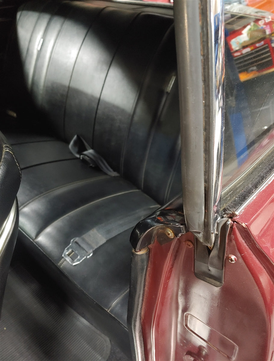 1966 - 1967 Chevelle Door Jamb Upper Windlace Trim End Caps, Black, Pair, Angle 3