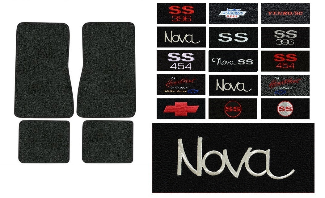 a 1968 - 1972 Chevy Nova Custom Embroidered Carpeted Floor Mats Set with Choice of Logos and Colors, 4 Piece