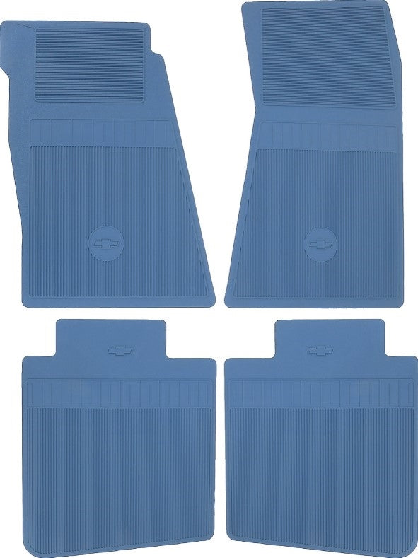 1968 - 1972 Nova Floor Mats Set, Front and Rear, Rubber with Grippers, Medium Blue with Bowtie, OE Style