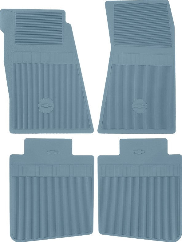 1968 - 1972 Nova Floor Mats Set, Front and Rear, Rubber with Grippers, Light Blue with Bowtie, OE Style