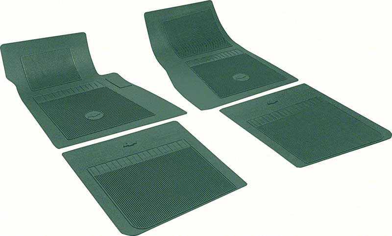 1968 - 1972 Nova Floor Mats Set, Front and Rear, Rubber with Grippers, Dark Green with Bowtie, OE Style
