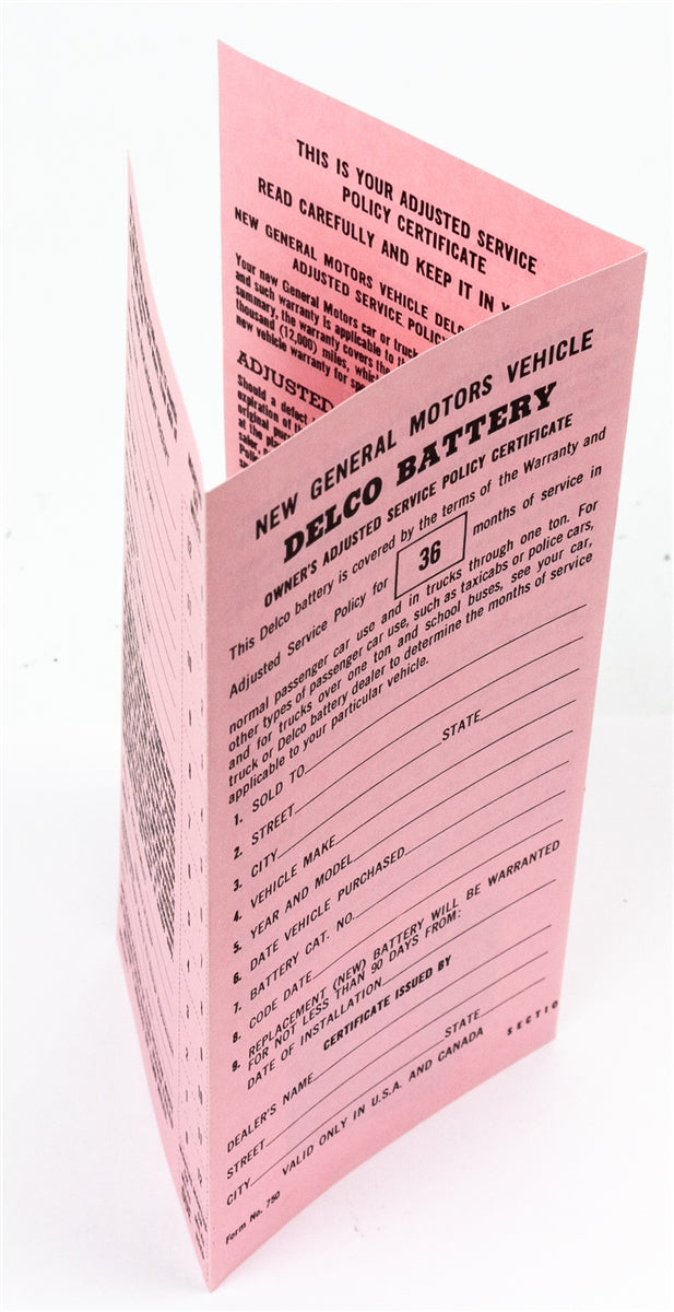 GM Delco Battery Warranty Certificate Card Pamphlet, Angle 2