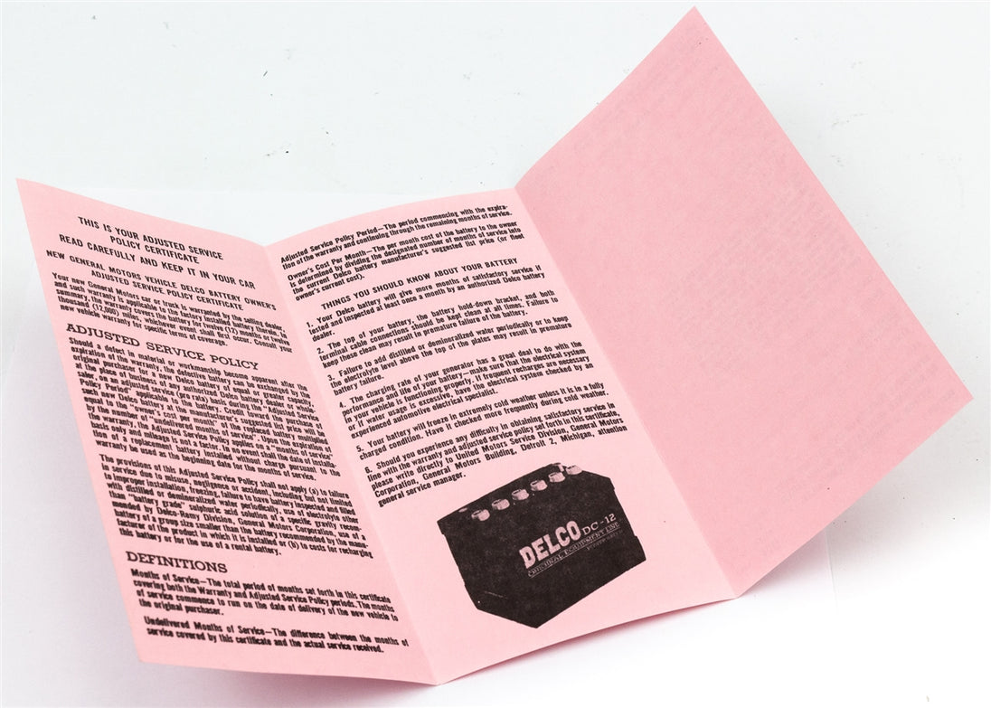 GM Delco Battery Warranty Certificate Card Pamphlet, Angle 3