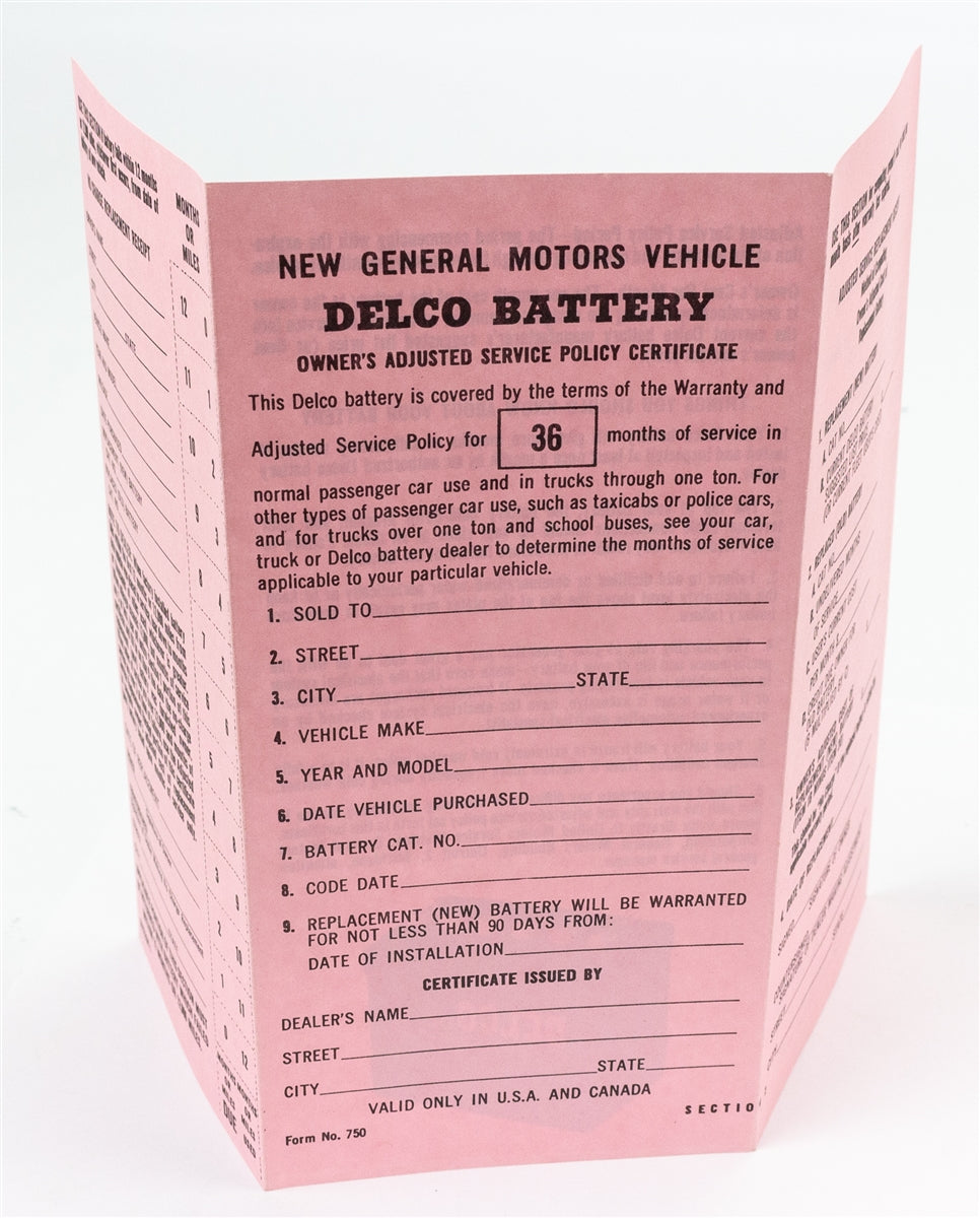 GM Delco Battery Warranty Certificate Card Pamphlet, Angle 4