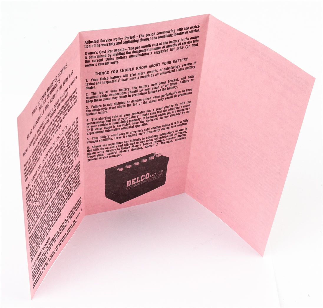 GM Delco Battery Warranty Certificate Card Pamphlet, Angle 5