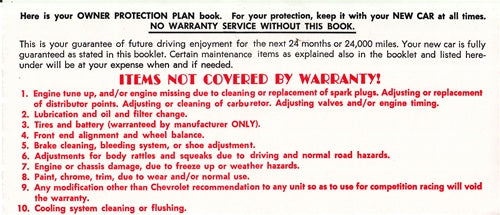 New Chevelle or Nova Glovebox Warranty Certificate Card