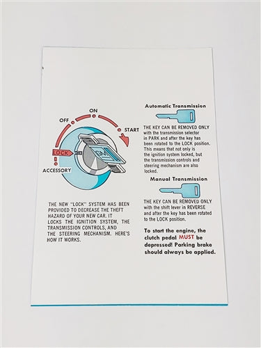 1969 Ignition Lock Key Starting Sunvisor Sleeve Instruction Card