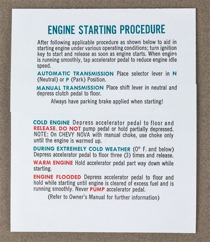 1969 - 1972 Chevelle & Nova Ignition Lock Key Starting Sunvisor Sleeve Instruction Card, Angle 2
