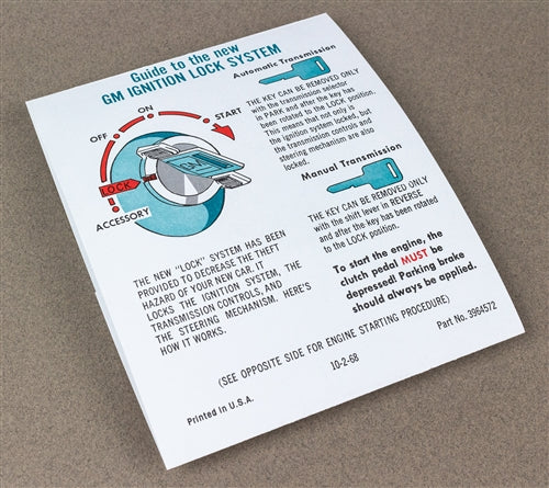 1969 - 1972 Chevelle & Nova Ignition Lock Key Starting Sunvisor Sleeve Instruction Card, Angle 5