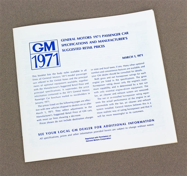 1971 Specifications and Manufacturer Suggested Retail Prices Book