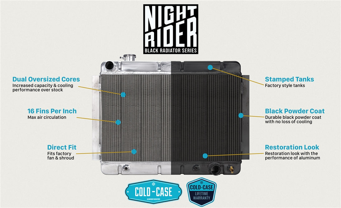 a 1966 - 1967 Chevelle COLD-CASE Black Powder Coated Aluminum Radiator for Automatic Trans, Black Night Rider, Angle 2