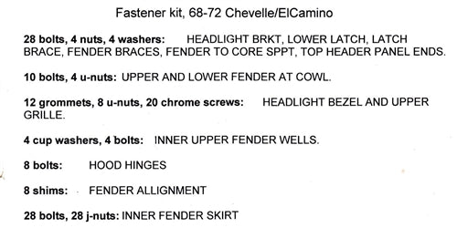 1968 - 1972 Chevelle Front End Bolt Fastener Set, BLACK Stainless Steel, Angle 2