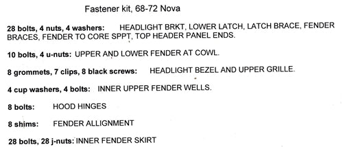 1968 - 1972 Nova Front End Bolt Fastener Set, BLACK Stainless Steel, Angle 2