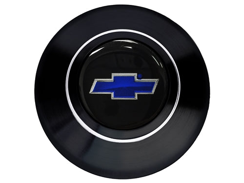 Custom Blue Bowtie Horn Cap for Wood or Comfort Grip Steering Wheel, Choose Brushed or Black Finish, Angle 2