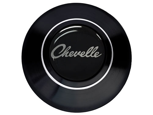 Custom Chevelle Script Horn Cap for Wood or Comfort Grip Steering Wheel, Choose Brushed or Black Finish, Angle 2