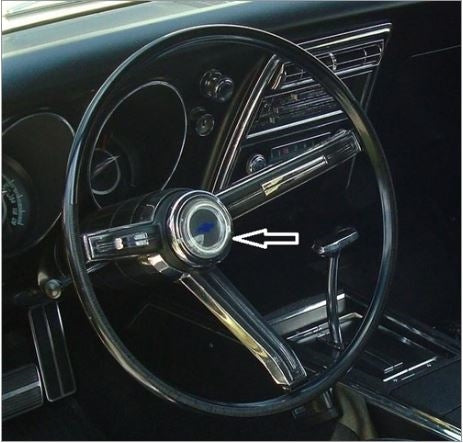 1967 Chevelle Horn Cap Button Insert, For Rare Deluxe Style Steering Wheel, Angle 2