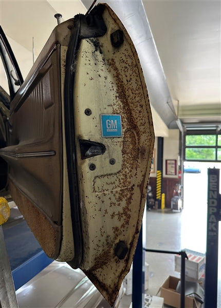 1966 - 1967 GM Door Decal, Correct Stamped Steel with Aqua Green Detail, Angle 2