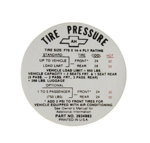 1968 Chevelle Glove Box Tire Pressure Decal, SS Models, 3934883