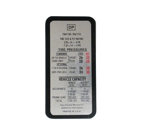 1969 Nova Tire Pressure Decal, 3961710