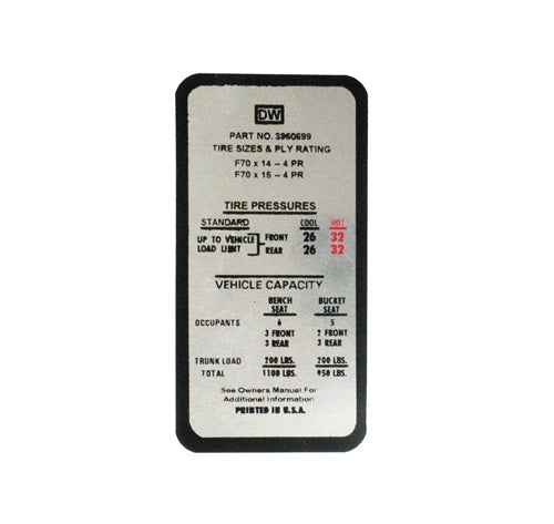 Tire Pressure Decal, SS, DW, 3960699