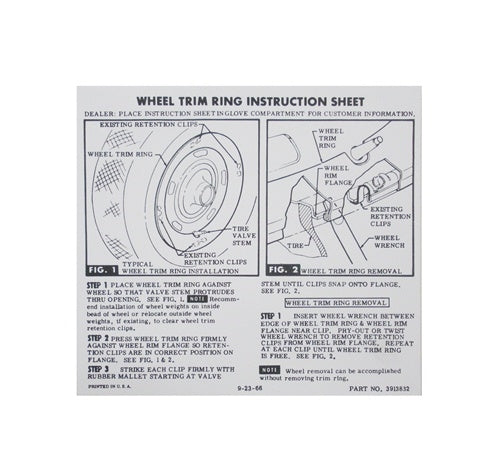 Rallye Wheel Trim Ring Information Instruction Card 3913832