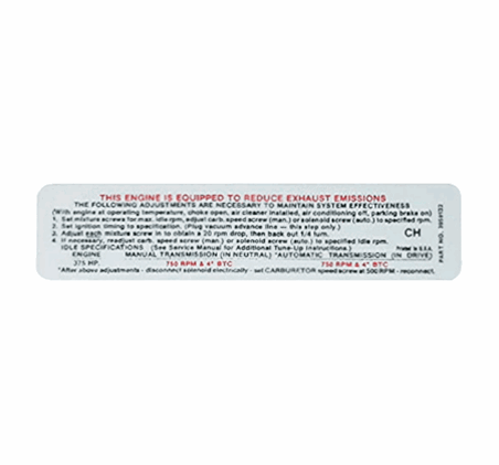 Emission Decal, 327 / 275 HP with Manual, S 3932349