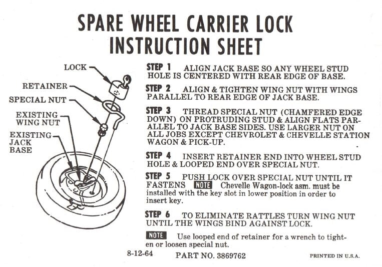 a 1964 - 1967 Chevelle Spare Wheel Carrier Lock Instruction Information Decal, 3869762