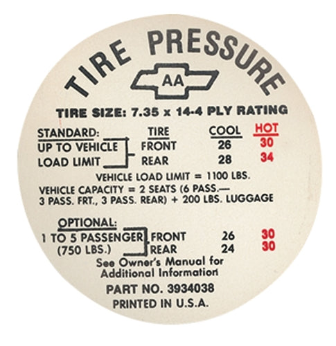 1968 Chevelle Glove Box Tire Pressure Decal, 3934038 AA