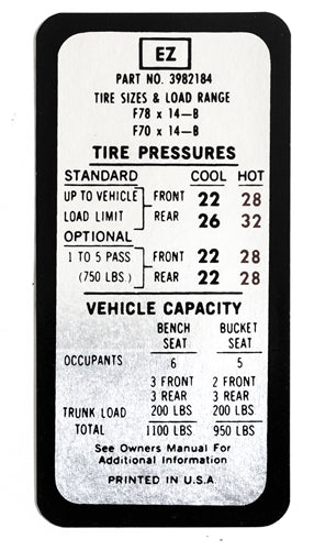 1970 Chevelle Tire Pressure Decal, EZ, 3982185