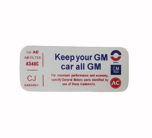 1970 - 1971 Chevelle Big Block Air Cleaner Decal, Keep Your GM Car All GM, 6485891 with CJ Code