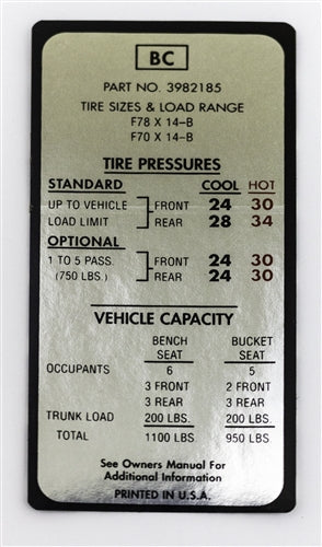 1970 Chevelle Tire Pressure Decal, SS with LS6 3982185 BC Code