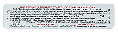 1969 Emission Decal, 396 with 375 HP or 427 COPO, CH Code 3959132