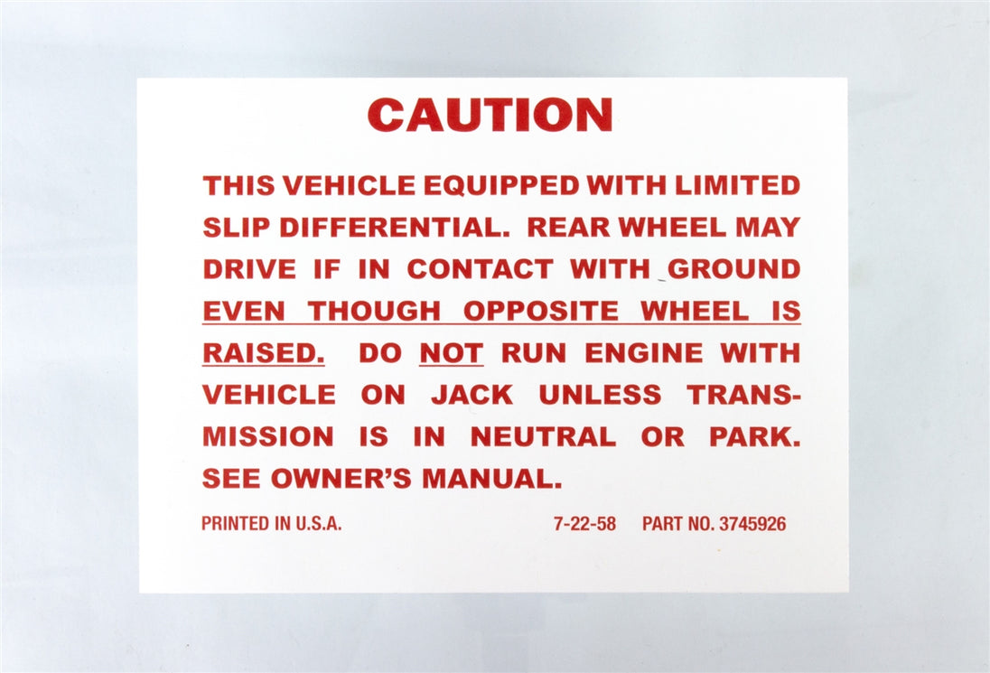 1964 - 1971 Trunk Jack Caution Decal, Positraction with Limited Slip Differential
