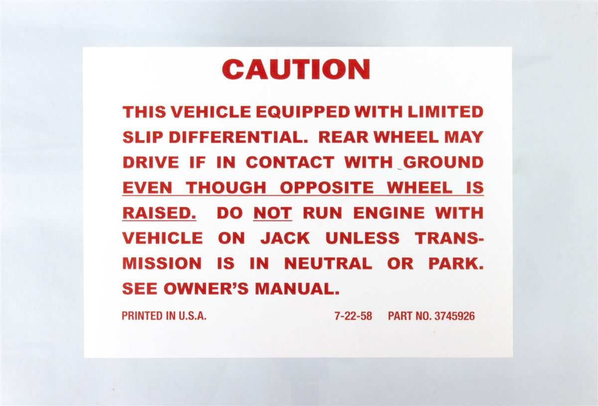 1964 - 1971 Trunk Jack Caution Decal, Positraction with Limited Slip Differential