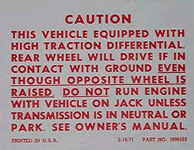 1972 - 1978 Trunk Jack Caution Decal, Positraction with Limited Slip Differential