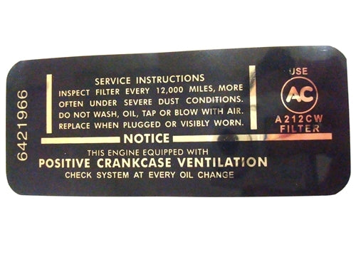 1967 - 1968 Air Cleaner Service Instructions Decal, 327/275 HP, 6421996