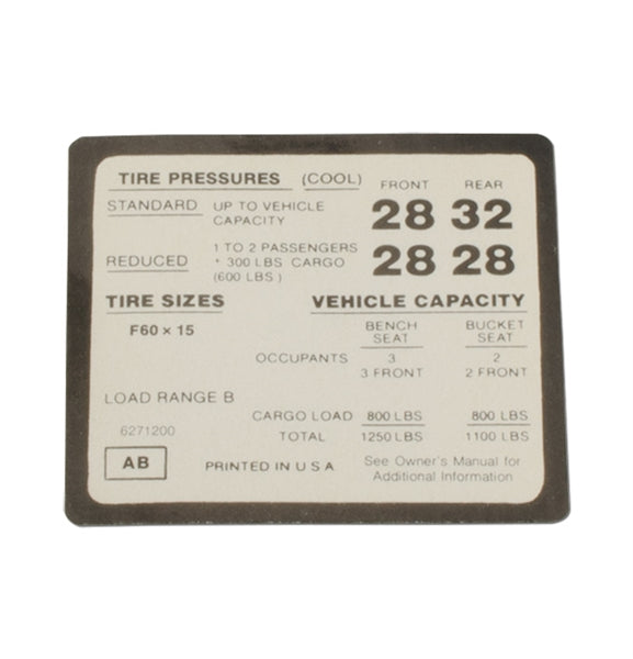 1972 Nova Tire Pressure Decal, AB, 6271200