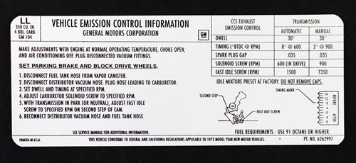 1972 Nova Engine Emission Decal, 350 with 4 BBL, LL Code 6262997