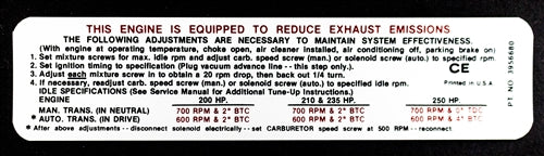 1969 Engine Emissions Decal, 307/200, 327/210 and 350/250 HP, 3956680 CE Code