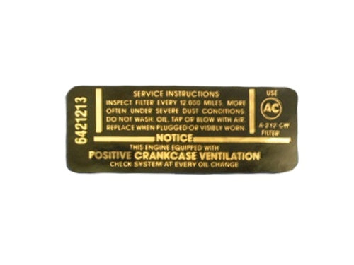 1966 - 1967 Chevelle 396 Big Block Air Cleaner Breather Filter Service Instructions Decal, 6421213