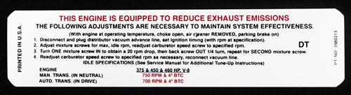 1970 Emission Decal, Big Block 3980213 with DT Code