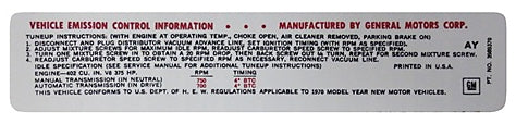 1970 Emission Decal, 396 - 402 with 375 HP, 3989370 with AY Code
