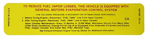 1970 - 1971 Chevelle and Nova California Emissions Decal, 3983360 with CA Code