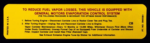 1970 - 1971 California Emissions Decal, Big Block 3983361 with CB Code